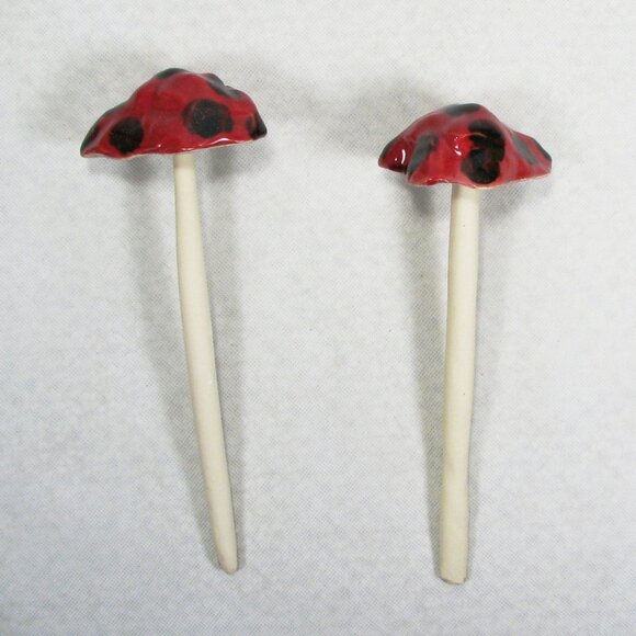Garden Mushroom 2 Pottery Outdoor Decorations Handmade Polka Dot Fairy - Picture 3 of 6